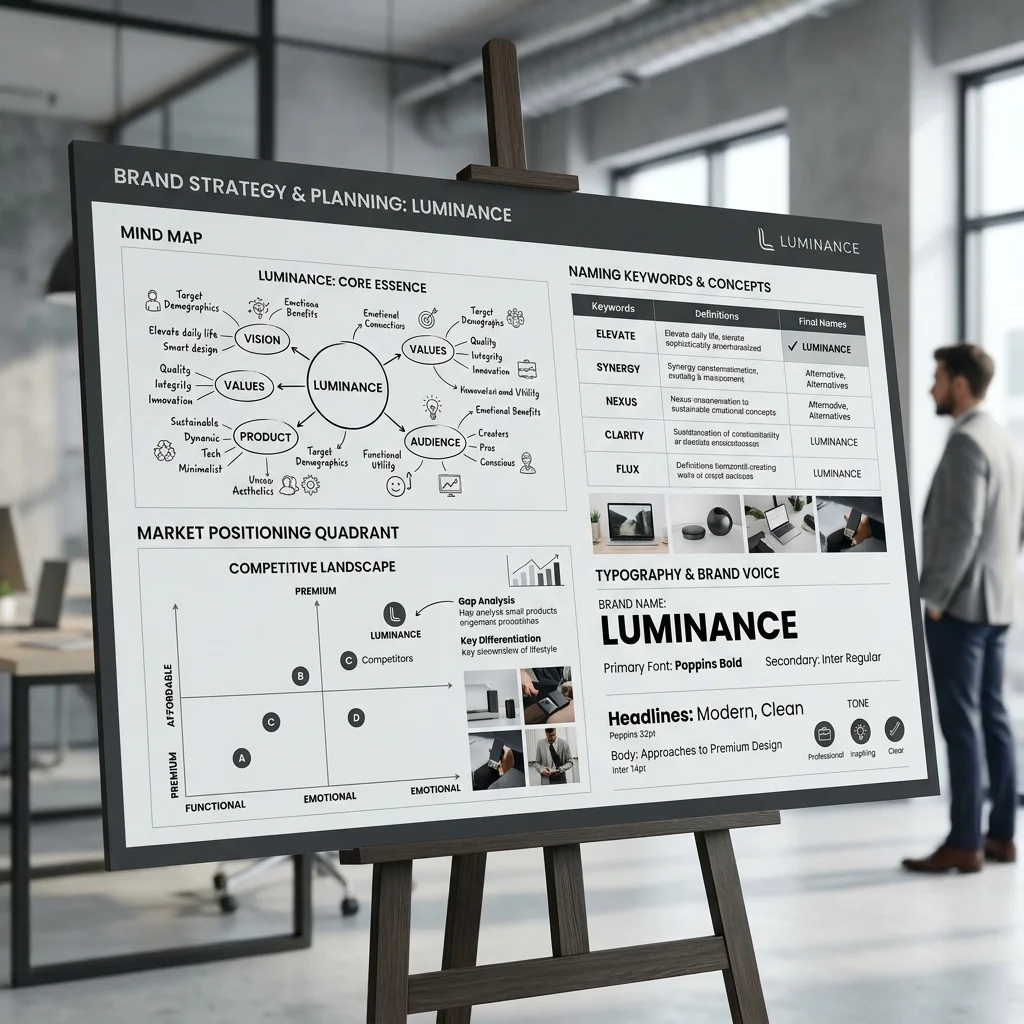 Premium Naming and Strategic Positioning Showcase mapping domains, trademark status, and positioning maps.