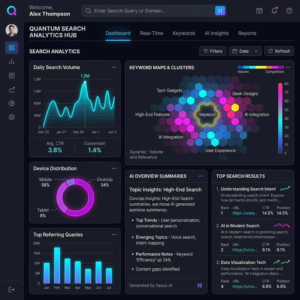 Premium Search and Generative Engine Optimization analytics dashboard illustrating keyword ranking progress and AI search citations.