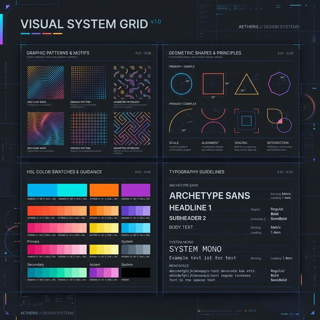 Premium Visual Systems and Design Standards Showcase illustrating design grids, layout rules, and component specs.